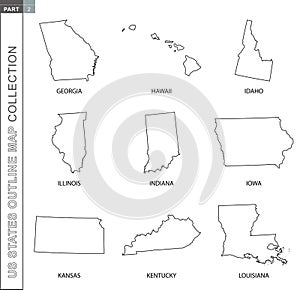 Outline maps of US states collection, nine black lined vector map