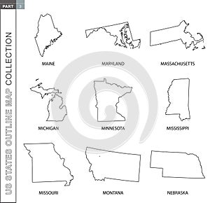 Outline maps of US states collection, nine black lined vector map