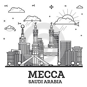 Outline Mecca Saudi Arabia city skyline with modern and historic buildings isolated on white. Mecca cityscape with landmarks