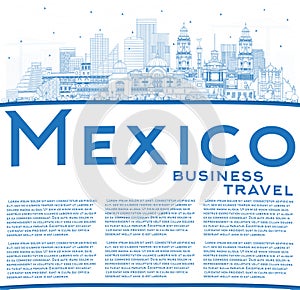 Outline Mexico City Skyline with Blue Buildings and Copy Space