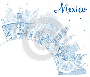 Outline Mexico City Skyline with Blue Buildings and Copy Space