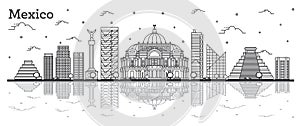 Outline Mexico City Skyline with Historical Buildings and Reflections Isolated on White