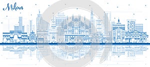 Outline Milan Italy City Skyline with Blue Buildings and Reflections