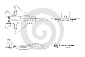 Outline military airplane blueprint. Top, side, front view of aircraft. Isolated contour warcraft. USA army plane