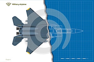 Outline military airplane. Top view of aircraft. 3d isolated warcraft. USA army plane. Jet fighter industry blueprint