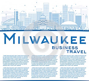 Outline Milwaukee Skyline with Blue Buildings and Copy Space.