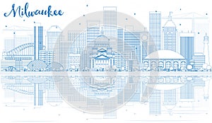 Outline Milwaukee Skyline with Blue Buildings and Reflections.