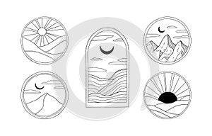 Outline minimalist sunset vector logos. Circle and arc badges with mountain, desert, sea, moon and sun. Spa and travel