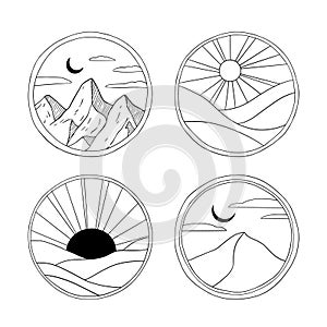 Outline minimalist sunset vector logos. Circle badges with mountain, desert, sea, moon and sun. Spa and travel illustrations.