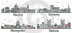 Outline Montpelier Vermont, Geneva Switzerland, Sanaa Yemen and Venice Italy City Skylines Set