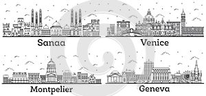 Outline Montpelier Vermont, Venice Italy, Geneva Switzerland and Sanaa Yemen City Skylines Set