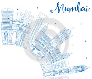 Outline Mumbai Skyline with Blue Landmarks.