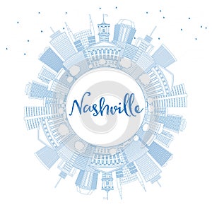 Outline Nashville Skyline with Blue Buildings and Copy Space.