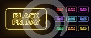 Outline neon Black Friday text with frame. Glowing neon Black Friday tag for online sale, promo text for social media