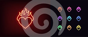Outline neon burning heart icon. Glowing neon heart with fire, blazing love pictogram. Hot passion