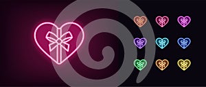 Outline neon gift box icon. Glowing neon Heart shaped present with bow knot, romantic surprise pictogram. Love gift box