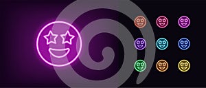 Outline neon star emoji icon. Glowing neon superstar emoticon with starry eyes, star struck face pictogram. Wow effect