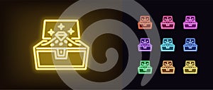 Outline neon treasure chest icon. Glowing neon opened chest with gold coins and diamond, treasure box pictogram