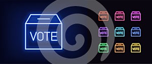 Outline neon vote box icon. Glowing neon voting box with text Vote, public polling and election day pictogram. Politic voting