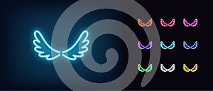 Outline neon wing icon. Glowing neon Bird wings silhouette in cartoon style, angel wings pictogram. Flight and freedom