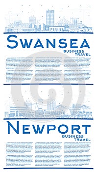 Outline Newport and Swansea Wales City Skyline Set