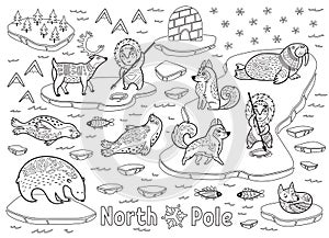 Outline North Pole animals, eskimos and yurt