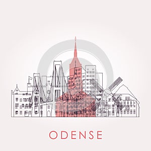 Outline Odense skyline with landmarks.