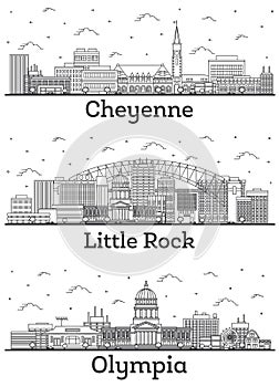 Outline Olympia Washington, Little Rock Arkansas and Cheyenne Wyoming City Skylines Set
