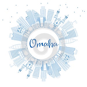 Outline Omaha Nebraska City Skyline with Blue Buildings and Copy Space