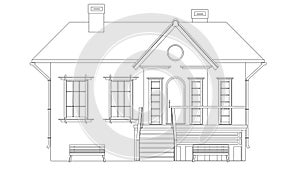 Outline of one-story house with porch and benches isolated on white background. Clipart