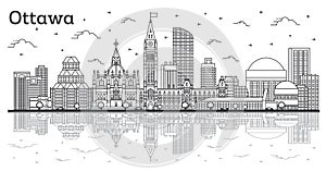 Outline Ottawa Canada City Skyline with Modern Buildings and Reflections Isolated on White