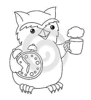 The outline of owl holding a alarm clock and a mug with a cloud