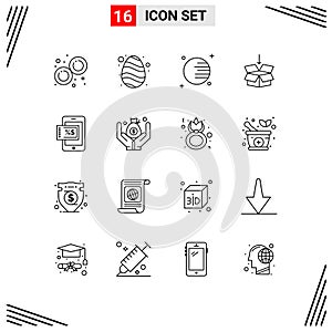 Outline Pack of 16 Universal Symbols of discount, mobile, astronomy, education, arrow