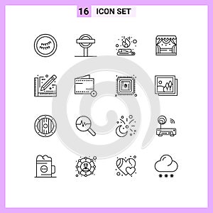 Outline Pack of 16 Universal Symbols of sketch, design, fire, architect, stage