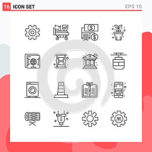 Outline Pack of 16 Universal Symbols of web, brower, bank, plant, pot