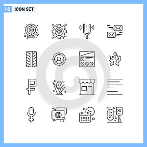 Outline Pack of 16 Universal Symbols of wheel, message, fork, marketing, email