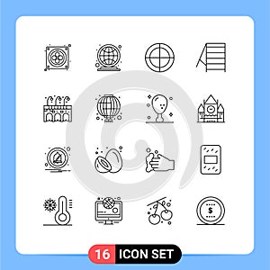 Outline Pack of 16 Universal Symbols of china, life, crosshair, city, stairs