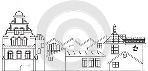 Outline panoramic view of houses. Vector contour of old town cityscape