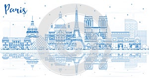 Outline Paris France City Skyline with Blue Buildings and Reflections