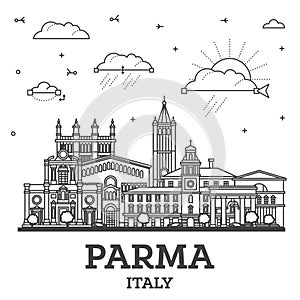 Outline Parma Italy City Skyline with Historic Buildings Isolated on White. Parma Cityscape with Landmarks
