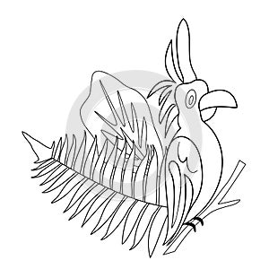 Outline parrot with leaves, tropical cartoon bird for coloring book