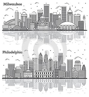 Outline Philadelphia Pennsylvania and Milwaukee Wisconsin City Skyline Set