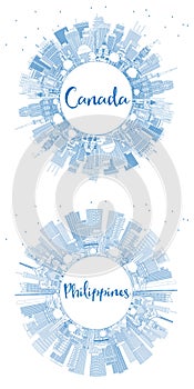 Outline Philippines and Canada City Skyline Set with Blue Buildings and Copy Space