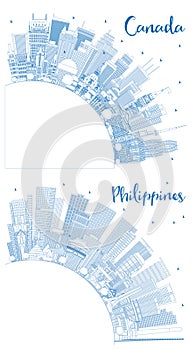 Outline Philippines and Canada City Skyline Set with Blue Buildings and Copy Space