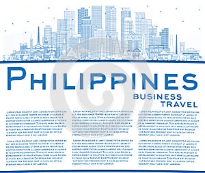 Outline Philippines City Skyline with Blue Buildings and Copy Space