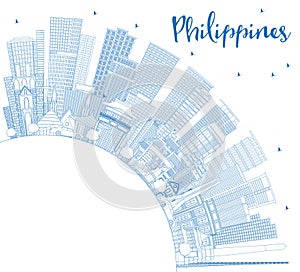 Outline Philippines City Skyline with Blue Buildings and Copy Space