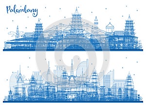 Outline Phnom Penh Cambodia and Palembang Indonesia City Skyline Set with Blue Buildings