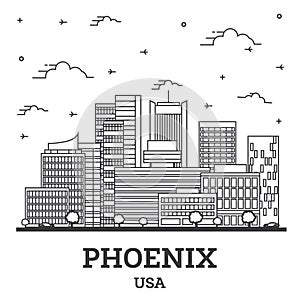 Outline Phoenix Arizona USA City Skyline with Modern Buildings Isolated on White