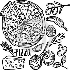 Outline pizza slices, whole pizza. Vector simple Doodle style Italy food, pizzeria, menu