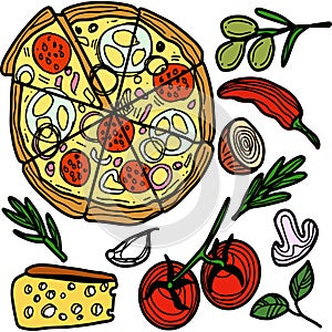 Outline pizza slices, whole pizza. Vector simple Doodle style Italy food, pizzeria, menu